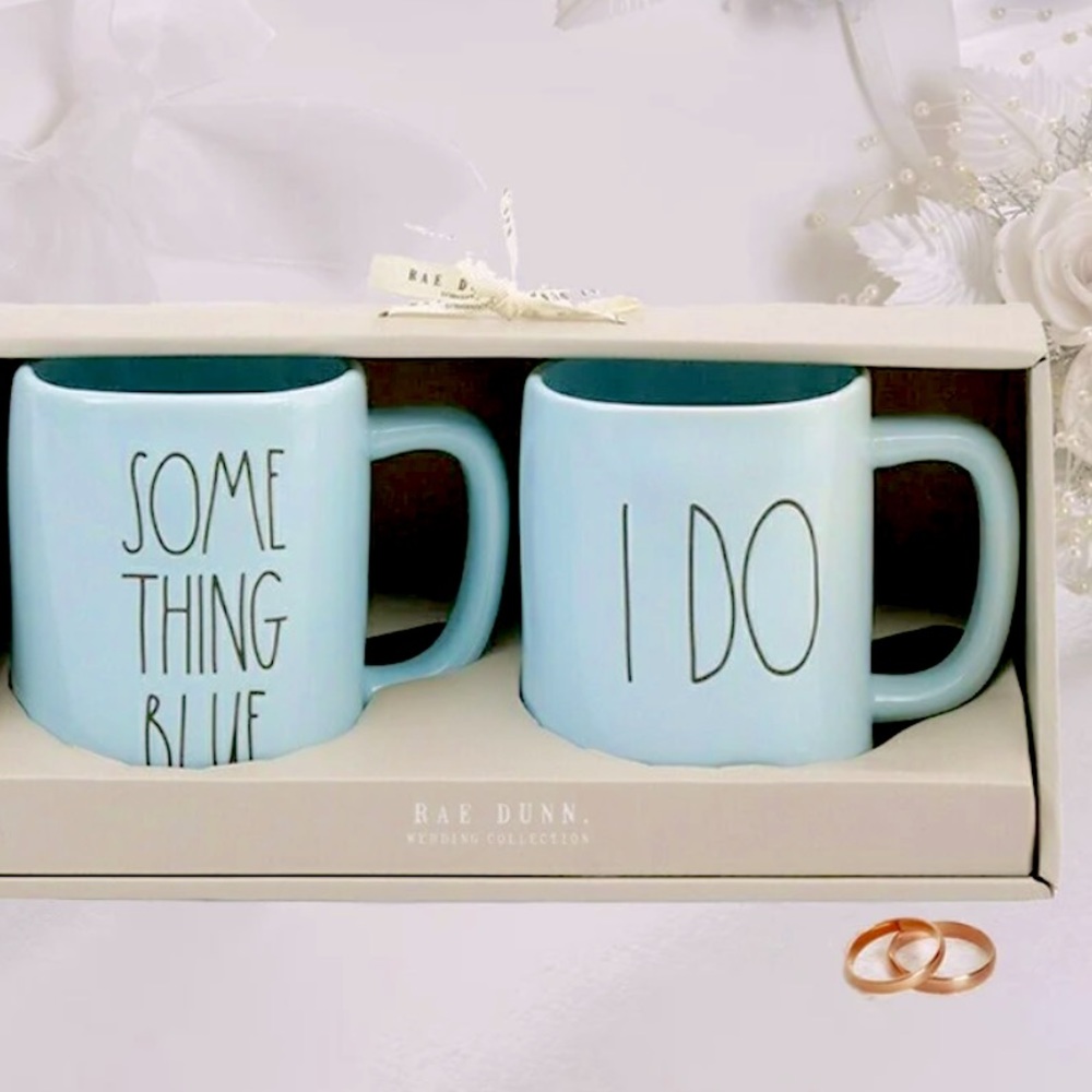 RAE DUNN MUG SET WEDDING “SOMETHING BLUE” & “I DO” BABY BLUE COLOR BLACK…